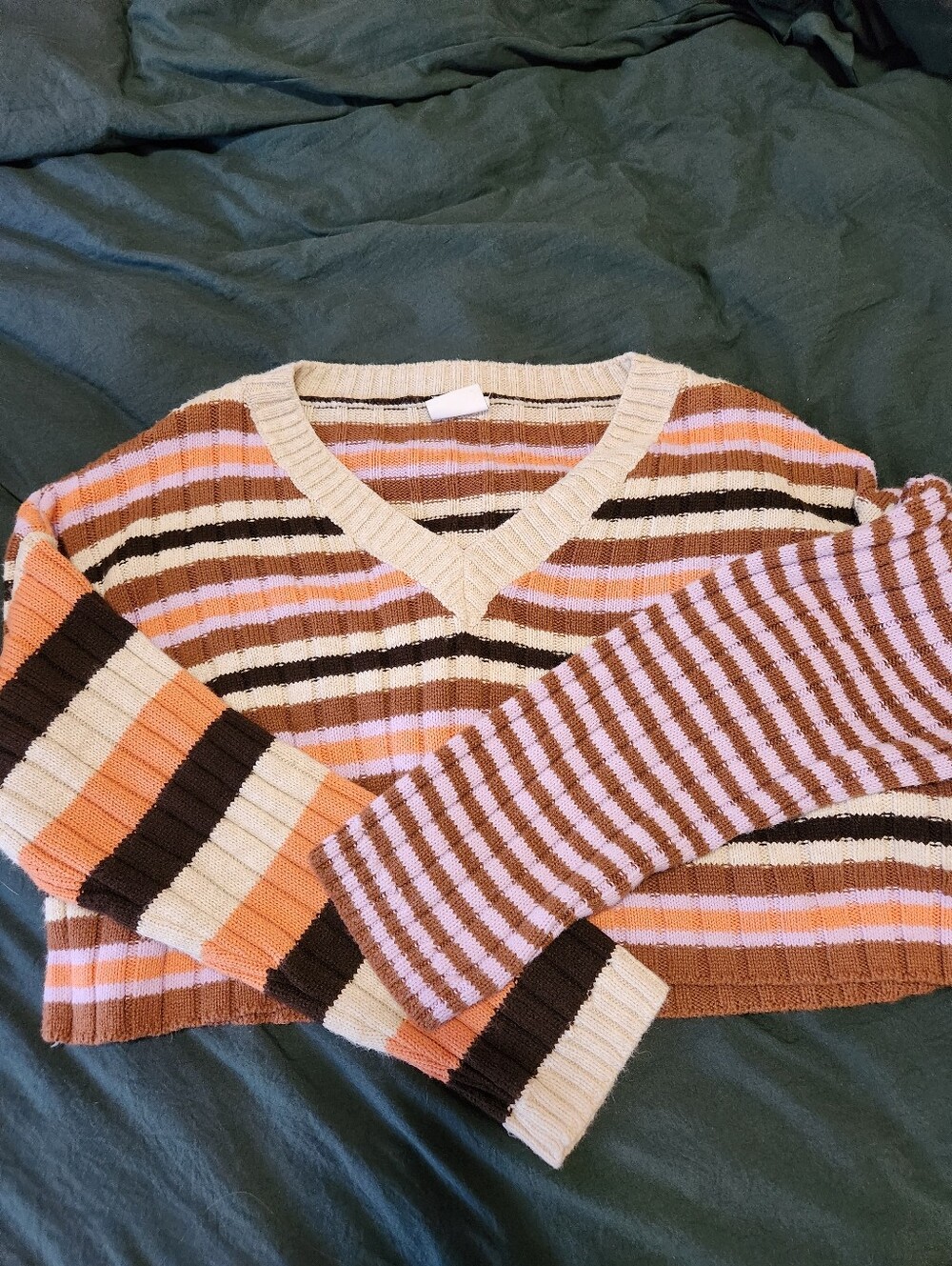 BDG Striped Cropped V Neck Sweater